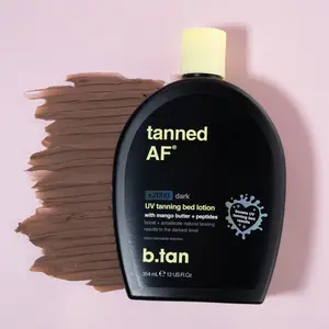 b.tan tanned af UV Tanning Bed Lotion | Darkest Tanning Lotion - Tinted, Indoor Outdoor Bronzer Accelerator, Best Browning Body Tan Extender, No Sun Protection, Moisturizing Peptide Tanner, With x2000 Tanning Intensifiers, Mango Butter