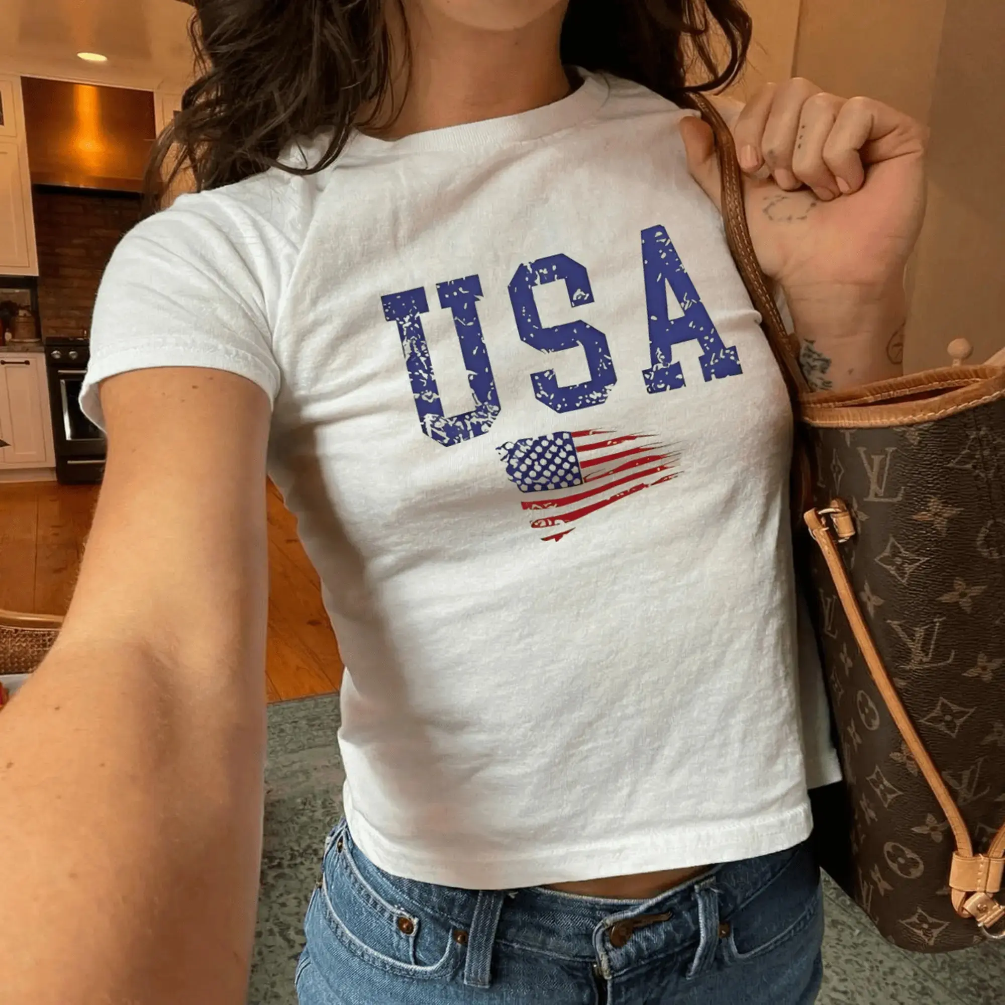 Patriotic USA Flag Distressed Baby Tee, Vintage Americana Grunge Crop Top, Retro 4th of July Aesthetic Shirt