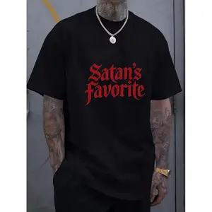 merch shirt for men Men's Round Neck Black T-Shirt-Satan's Favorite Gothic Pattern Shirt-Bold Red Letter Print-Lightweight Concert Party Street Casual Top-Machine Washable Regular Impervious Fabric for Casual Attire All Seasons, Suitable for Christmas, Ea