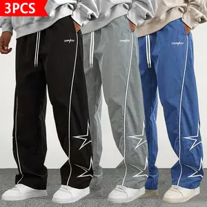 Men’s 3-Pack Star Stripe Wide-Leg Pants | Baggy streetwear track pants with campus embroidery, elastic waistband & drawstring | Lightweight casual pants for school, street style, everyday wear & outdoor activities