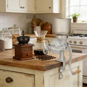 Heavy Duty Cast Iron Manual Grain Mill & Coffee Grinder - Dry/Wet Grinding for Wheat, Corn, Grains, Flours | High Hopper Design, Silver Finish