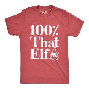 Mens 100% That Elf T Shirt Funny Christmas Party Santas Helper Graphic Novelty Tee Mens Funny T Shirts Cool Vintage Fashion T-Shirt Gift Classic Menswear Christmas Apparel for Men Novelty Tees for Guys Red