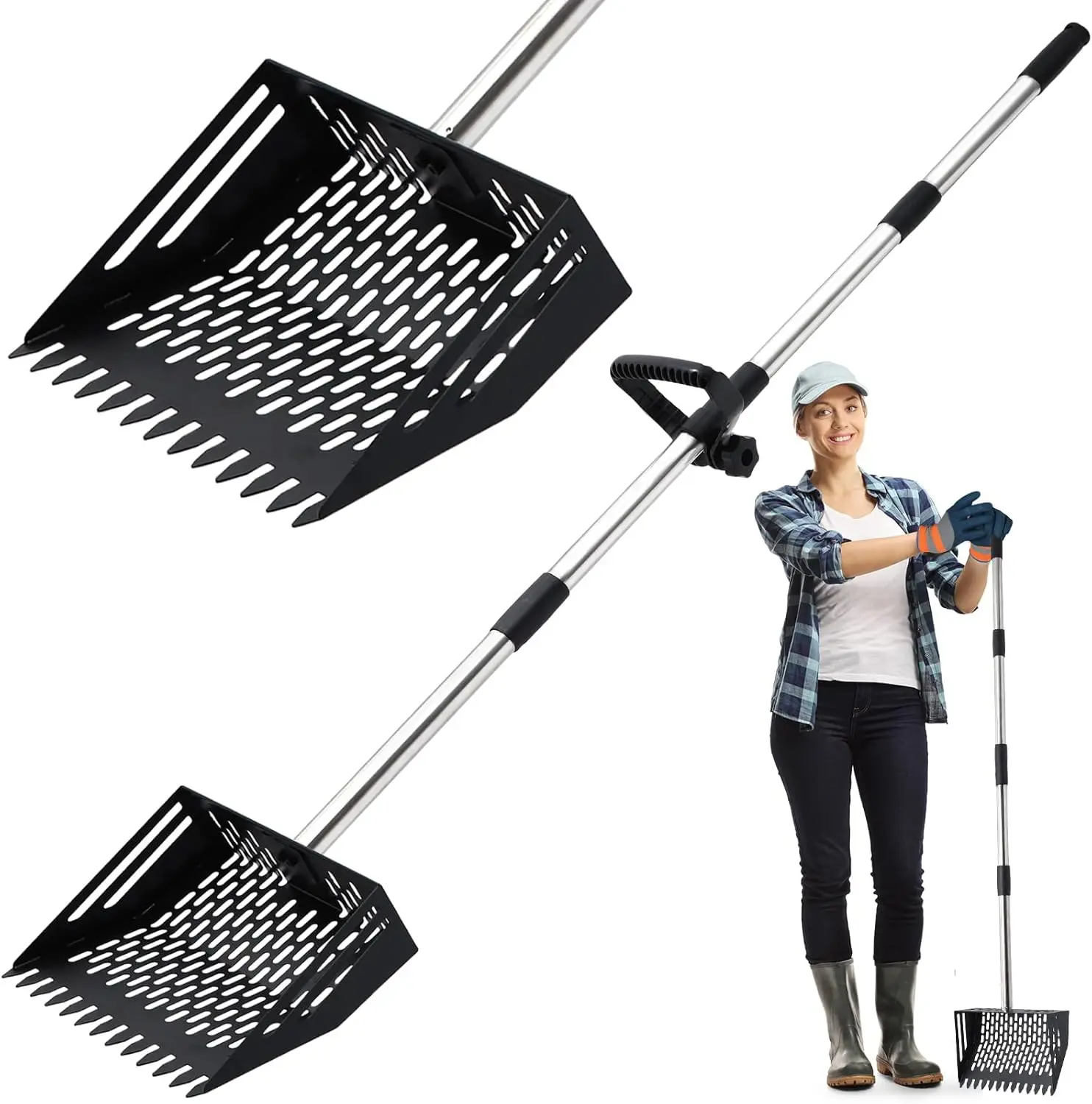 Linidcoud Chicken Poop Scooper, 10 Inch Metal Long Handle Chicken Coop Sand Pooper Scooper & Rake Adjustable Length, Durable Dog Pooper Scooper for Yard Farm Coop Accessories(Black)