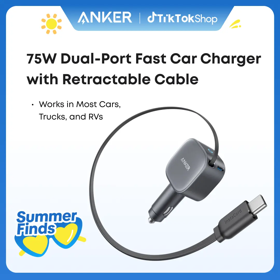 Anker USB-C Car Charger, 75W Max Fast Charging, Sleek and Compact Design with Retractable Cable, for iPhone 17 / 16 / 15 Series, Samsung S24 / S23, MacBook, and More