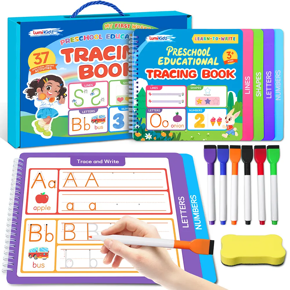 LUMIKIDZ Preschool Learning Activity Set - Toddler Letters Numbers Tracing Books, Montessori Busy Book, Autism Educational Gift for Kids Ages 3-5, Preschool Learning Materials for Boys and Girls