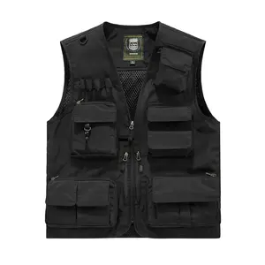 Men’s multi-pocket utility fishing vest, lightweight breathable outdoor vest lined with mesh, functional work vest for hiking, photography, and hunting