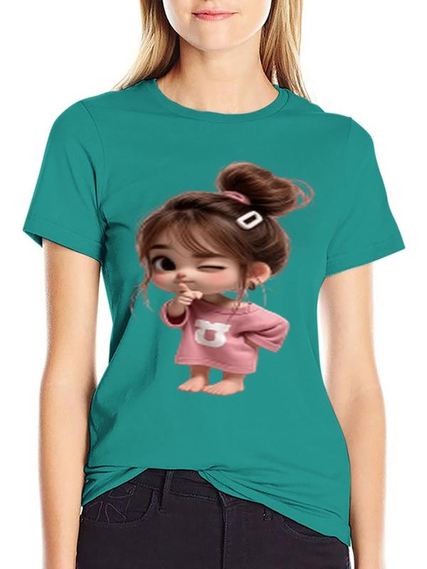 Women's Pure Cotton Breathable Crew Neck Halloween T-Shirt - Cute Cartoon Girl Graphic, Minimalist Style, Fitted Cut Casual Tee, Trending Summer Top, Gift Idea