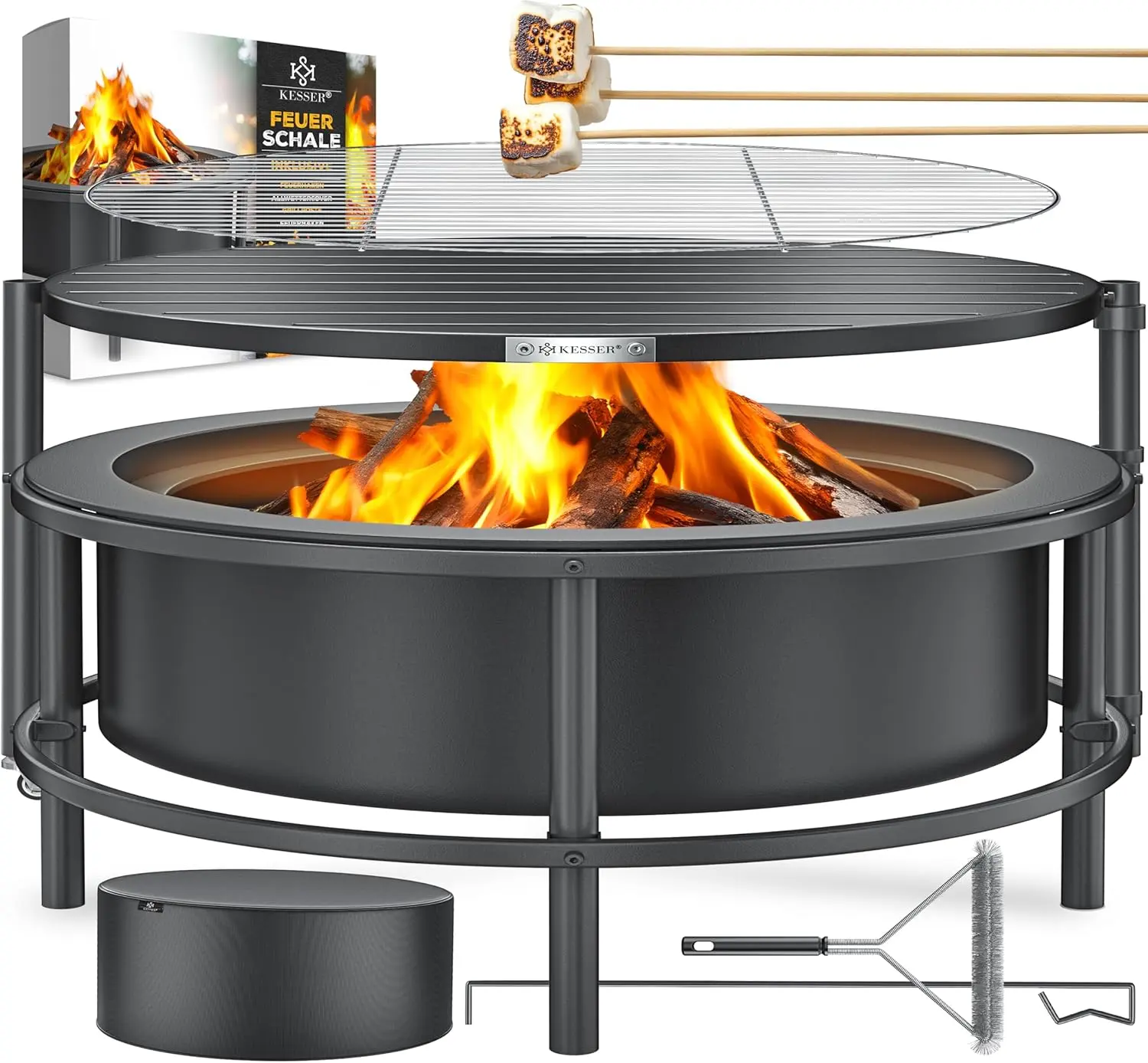 TMWINGS 2-in-1 Fire Pit & Grill Grate, Mobile Steel Fire Bowl on Wheels for Outdoor BBQ, Camping, and Backyard Patio - Includes 60cm Cast Iron Fire Hook Portable Fire Pit Tabletop Fire Pit