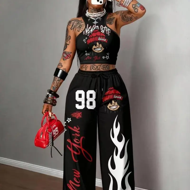New Summer Casual Sporty Round Neck Halter Graphic Print Crop Top & Pants Set, Women's Two-Piece Outfit Two Pieces Sets