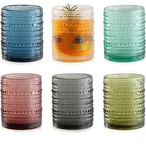 Colored Hobnail Drinking Glasses Set of 6,12oz Vintage Kitchen Glassware,Embossed Beaded Glass Cups,Water Tumbler for Cocktail,Juice and Various Mixed Drinks