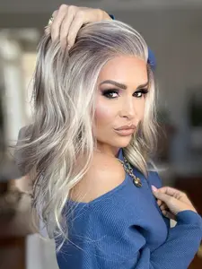 MACA BAKA Ivy Layered Ombre Highlight Ash Blonde Lace Front Wig Pre Plucked Glueless Low Density 16 Inches Medium Length Natural Wavy Mixed Brown Ice Blonde HD Synthetic Lace Front Wigs for Women Scandinavian Hairline