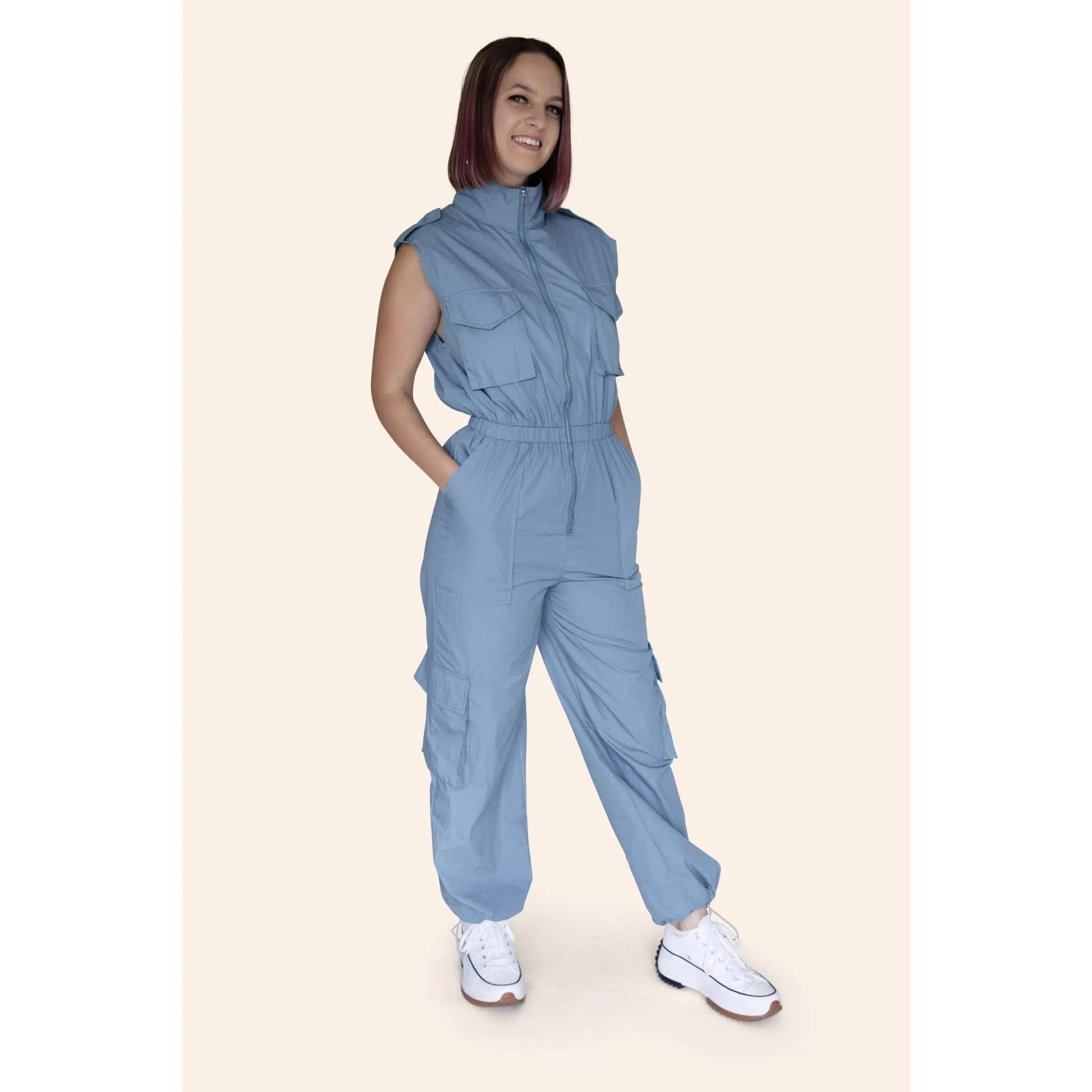 "The Taylor" Mechanic High Neck Cargo Front Zipper Sleeveless Jumpsuit With Multi-Pockets