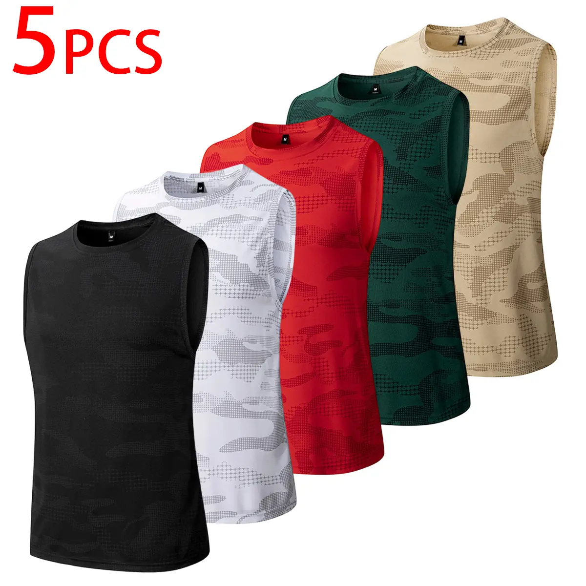 Male 5-Piece Set Mesh Tank Tops, Athletic Regular Fit Sleeveless Muscle Shirts, Quick-Dry Breathable Lightweight Polyester-Elastane Blend, Crew Neck Sporty Chic Activewear for Gym, Running, Plain Casual Streetwear