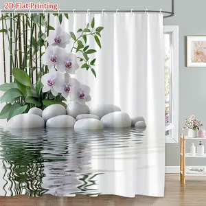 Zen Pond Shower Curtain White Pebbles Orchid Stalks Reflective Water Bathroom Decoration, Home Bathroom Bathtub Partition Decoration with Hooks