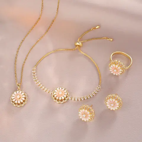 Jewelry Set, Necklace + Bracelet + Earrings + Ring, Rotating Flower Zircon New Arrival Design Sense Elegant Outfit Clavicle Chain
