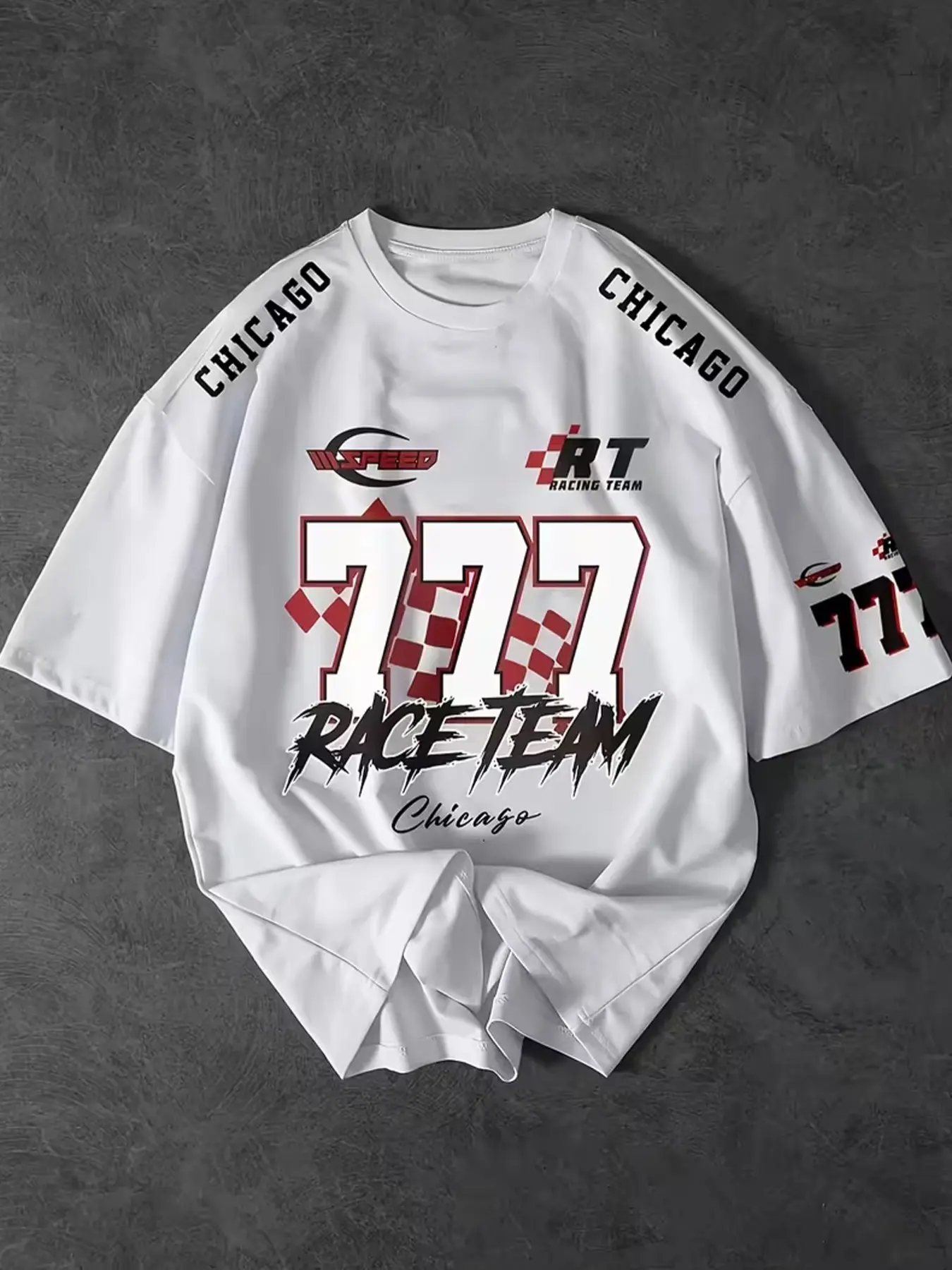 777 Racing Team Graphic T-Shirt - Unisex Vintage Chicago Streetwear Tee, Heavyweight Cotton Short Sleeve Top, Retro Motocore Summer Street Style