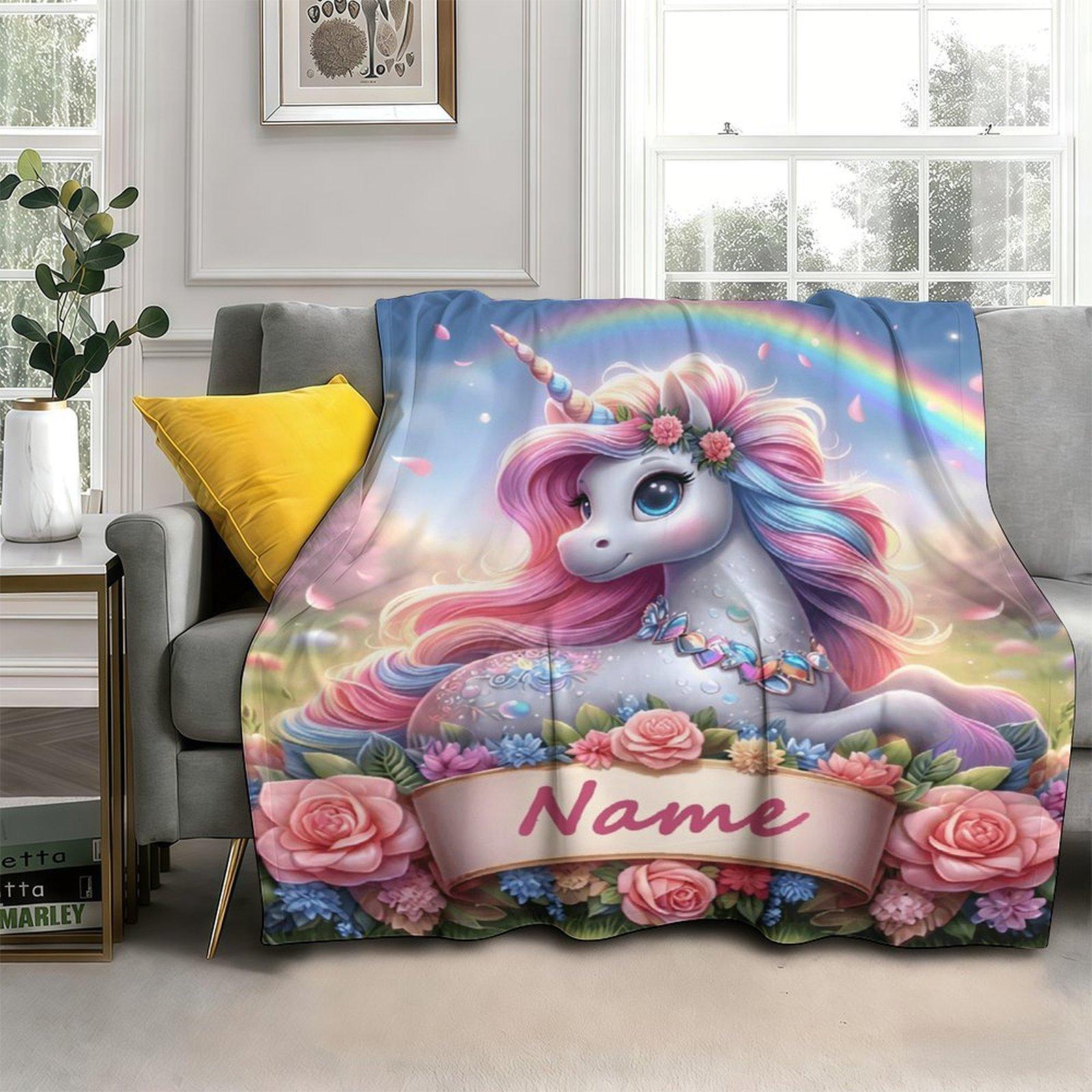 Custom Name  Cute Unicorn Blanket ,Personalized Name Gift ,Suit for The Sofa, Bed, Travel, Camping, Living Room, Office, Chair，Gifts for Family or Child  ,Friend , Send your custom text via shop chat to personalize