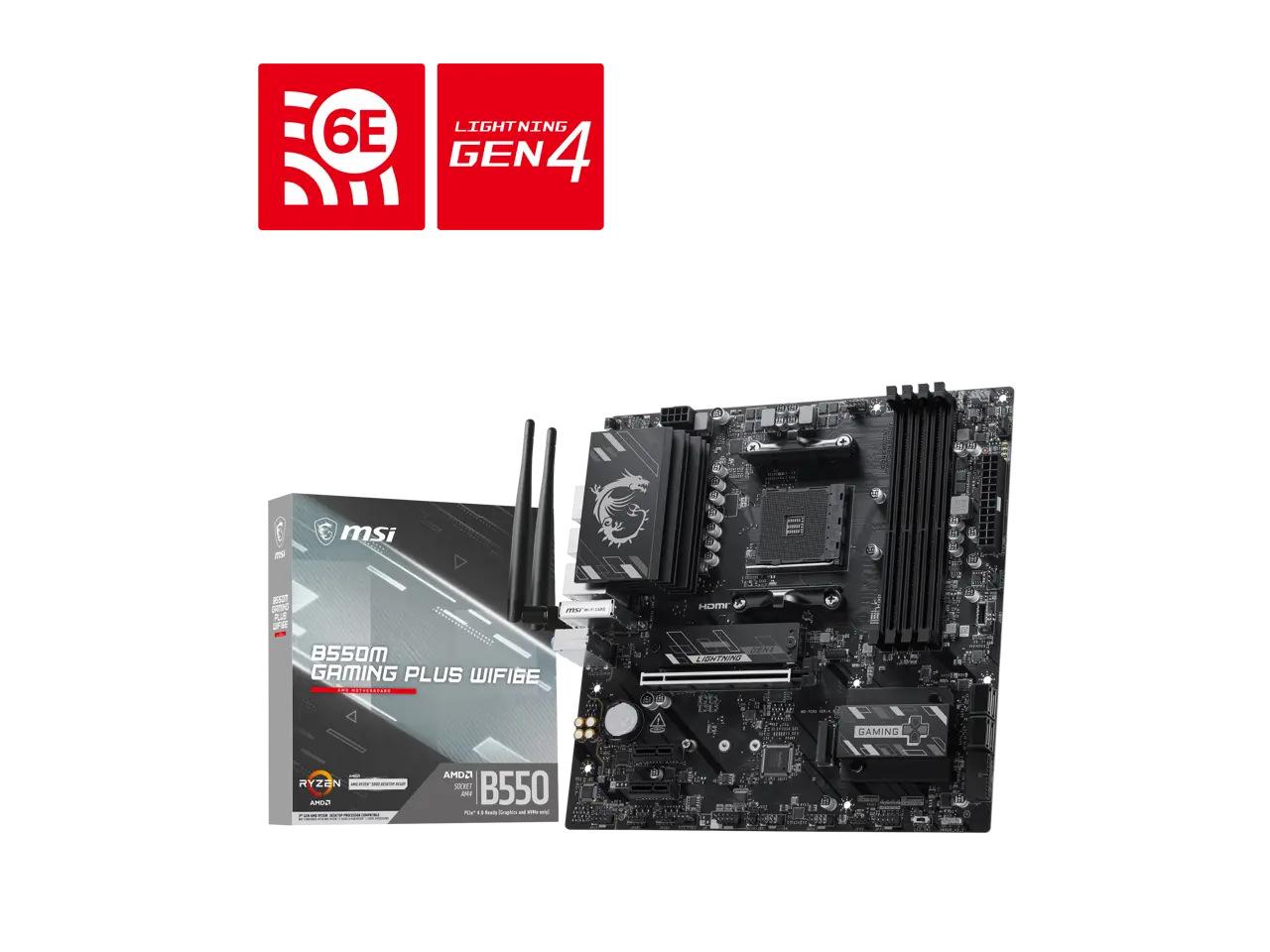 MSI B550M GAMING PLUS WIFI6E AM4 AMD B550 Micro ATX Motherboard, DDR4, PCIe 4.0, Dual M.2, Wi-Fi 6E, Bluetooth 5.3, 1G LAN