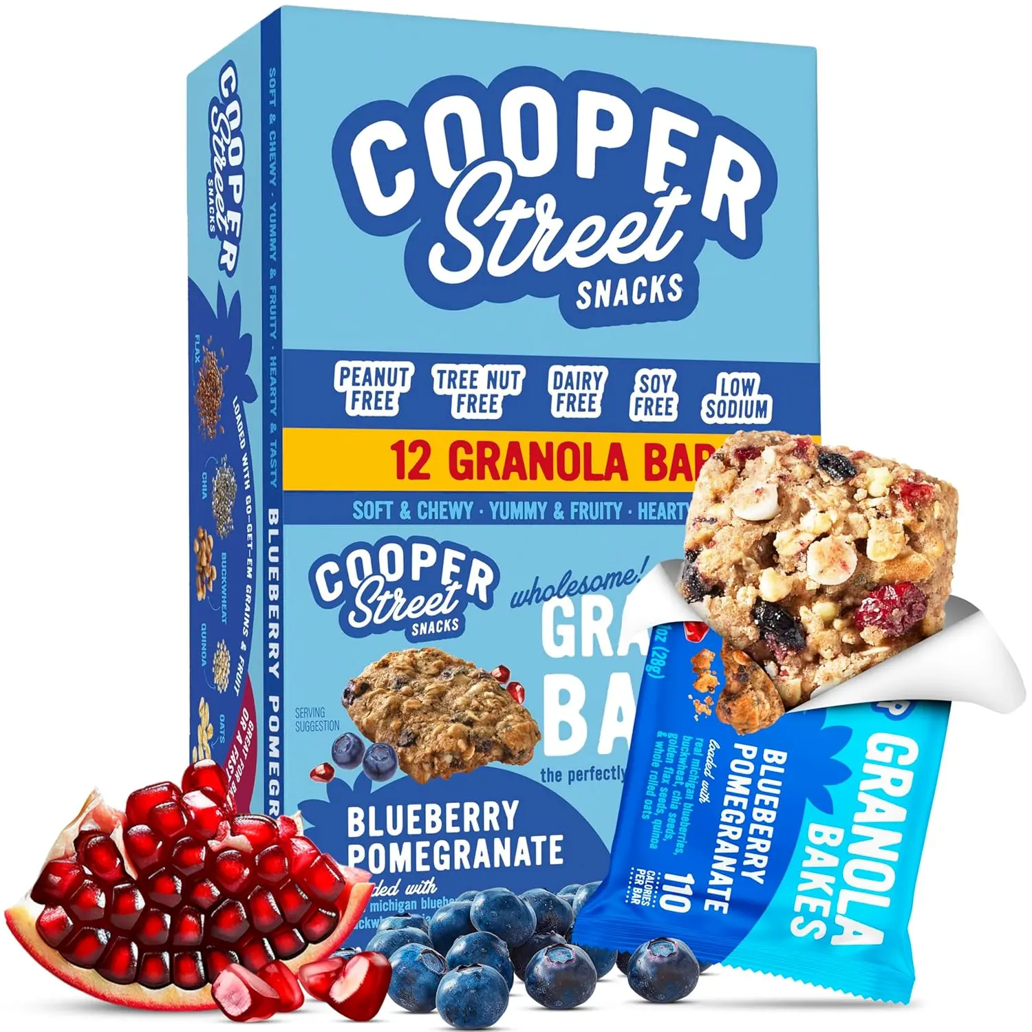 Granola Bakes - Soft Baked Oats, Grain & Seeds Breakfast Granola Cookie Bars - Nut & Dairy Free, Low Sodium, Healthy Lunchbox Snacks for Kids & Adults - Blueberry Pomegranate - 12 Pack