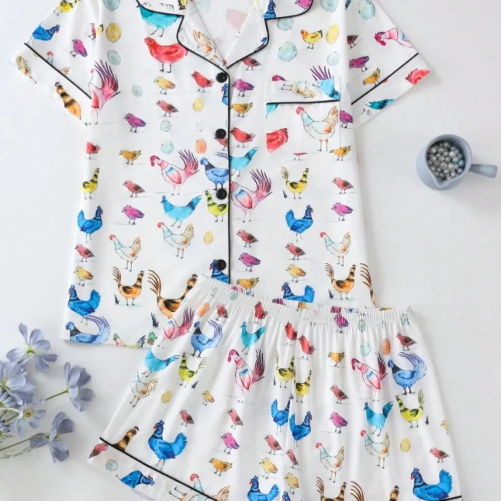 Women's Chick Printed Short Sleeve Pajamas Set Comfortable Shorts, Elegant Sleepwear & Home Wear, Suitable For All Seasons
