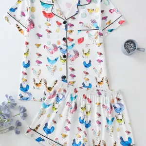 Women's Chick Printed Short Sleeve Pajamas Set Comfortable Shorts, Elegant Sleepwear & Home Wear, Suitable For All Seasons