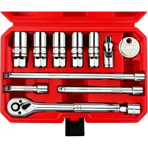 WETT 12Pcs Plug Set, 3/8" Drive Ratchet Handle with Mirror Polished Sockets, Plug Gapper, Joint and Extension Bar, Plug Removal Tool with Retaining Ring
