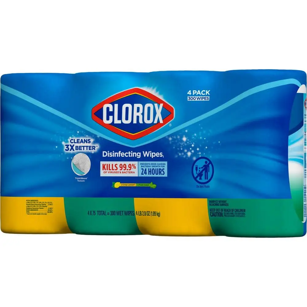 CLOROX Scented Bleach-Free Disinfecting Detergent Wipes - 4-Pack (75-Count Total), Crisp Lemon Fragrance, Home Supplies, All-Surface-Safe, No-Rinse, Non-Aerosol, Anti-Bacterial Citrus Household Cleaner for Long-Lasting Protection