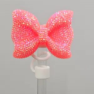 Glitter Ribbon Bow Straw Topper - Straw Cover- Pink Coral & White
