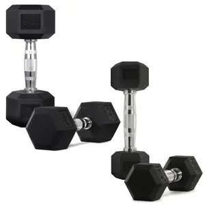 Hex Rubber Dumbbells 2-Pack Set (5-20 lb Combo) – Cast Iron Core, Anti-Roll Hex Head, Non-Slip Grip, Home/Gym Full-Body Training