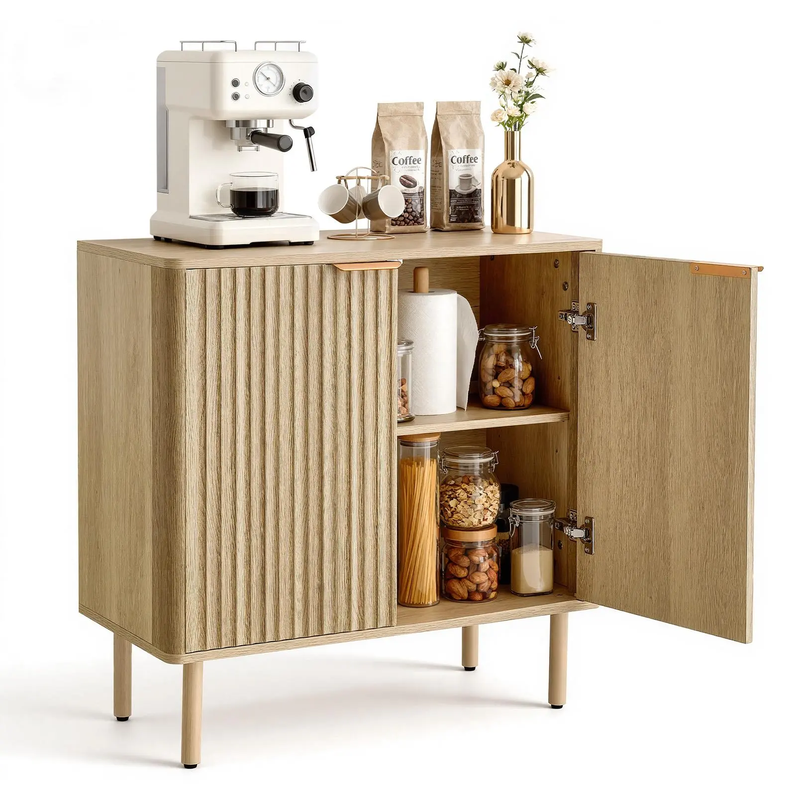 VEVOR Modern Bar Cabinet - Mid-Century Fluted Oak Home Bar Station, 2-Tier Particle Board Storage Buffet Stand with 2 Barn Doors, Entryway Sideboard with Anti-Tips Kit & Adjustable Feet, Assembly Required, 31.5x14.7x31.5in#SohoChic