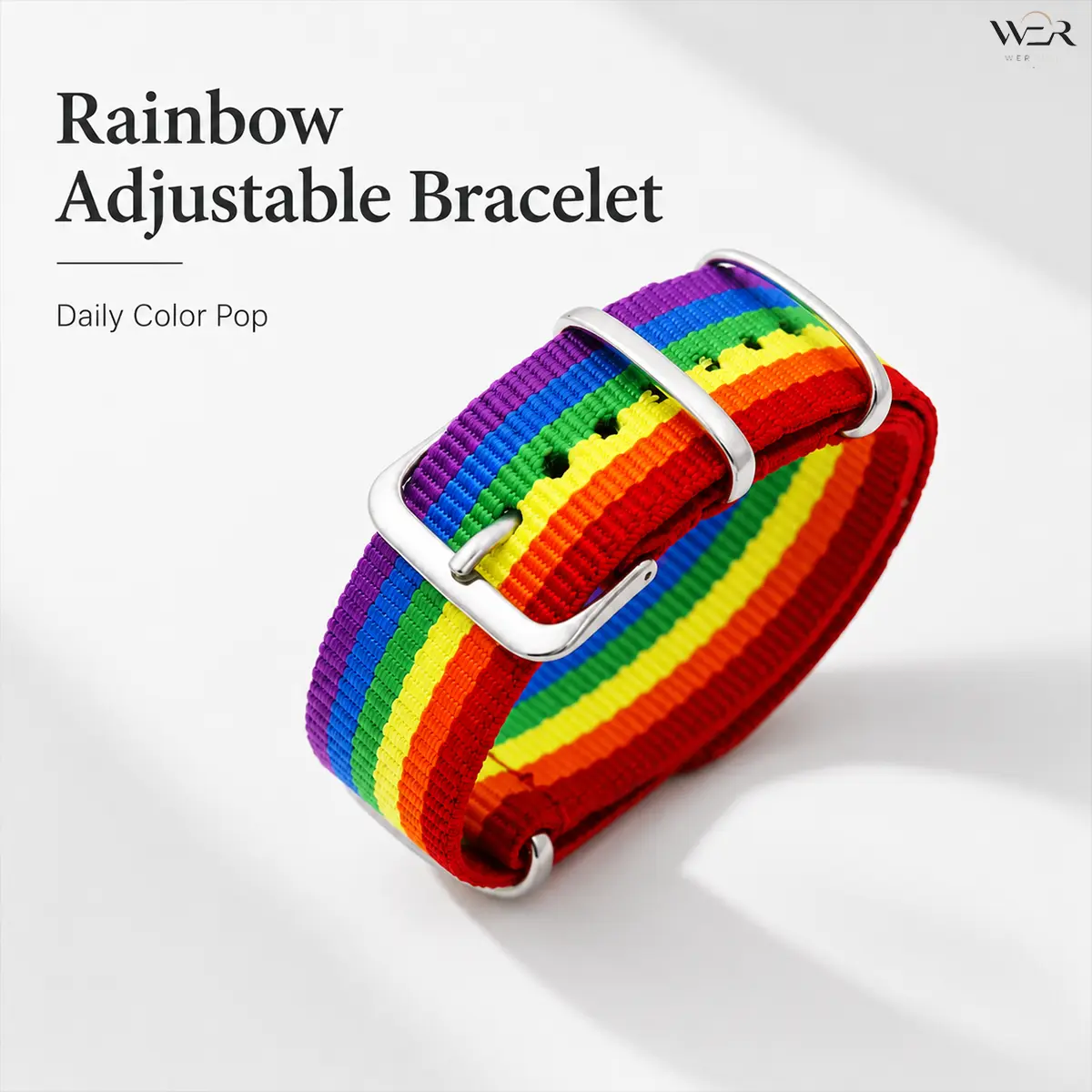 Women's Adjustable Length Rainbow Canvas Bracelet - Silver-Tone Metal, 25.5cm, 9.5g, Colorful Stripes, Lightweight Cloth Fabric, Durable Comfortable Pride Costume Jewelry, Unisex Daily & Casual Accessory Gift Idea, 9.5 G, Arm Candy Accessories, Bright Col