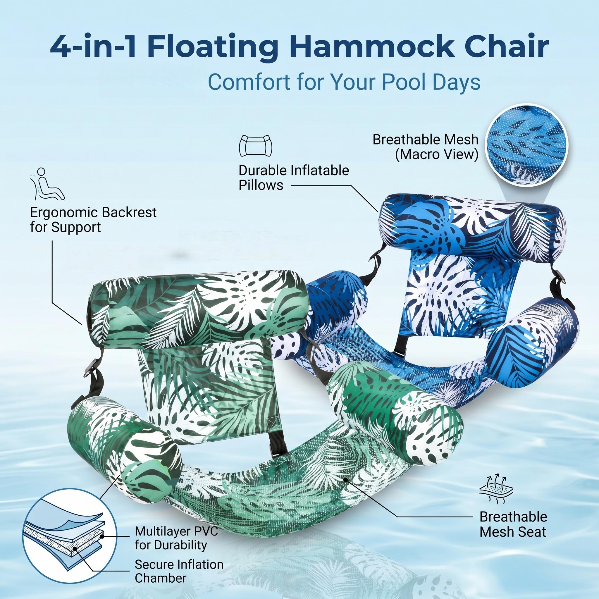 2-Pack Multi-Use Floating Lounger Inflatable Backrest Pool Chair Ideal for Summer Water Activities