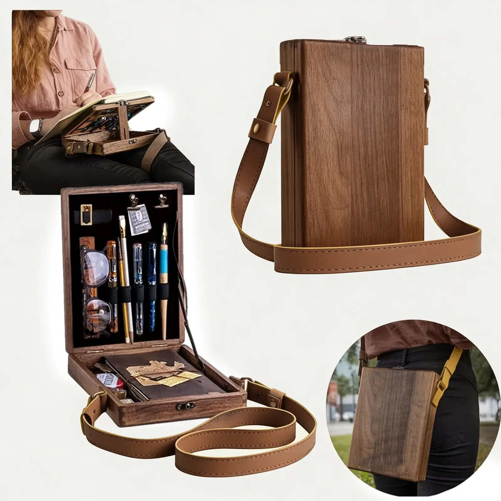 Writers Messenger Wooden Box Bag – Handmade Retro Crossbody Sketch Tool Box, Portable Artist Storage for Brushes, Pens & Outdoor Painting, Fashionable Unique Bags, High Quality Bag, Handcrafted Bag, Handmade Shoulder Bag
