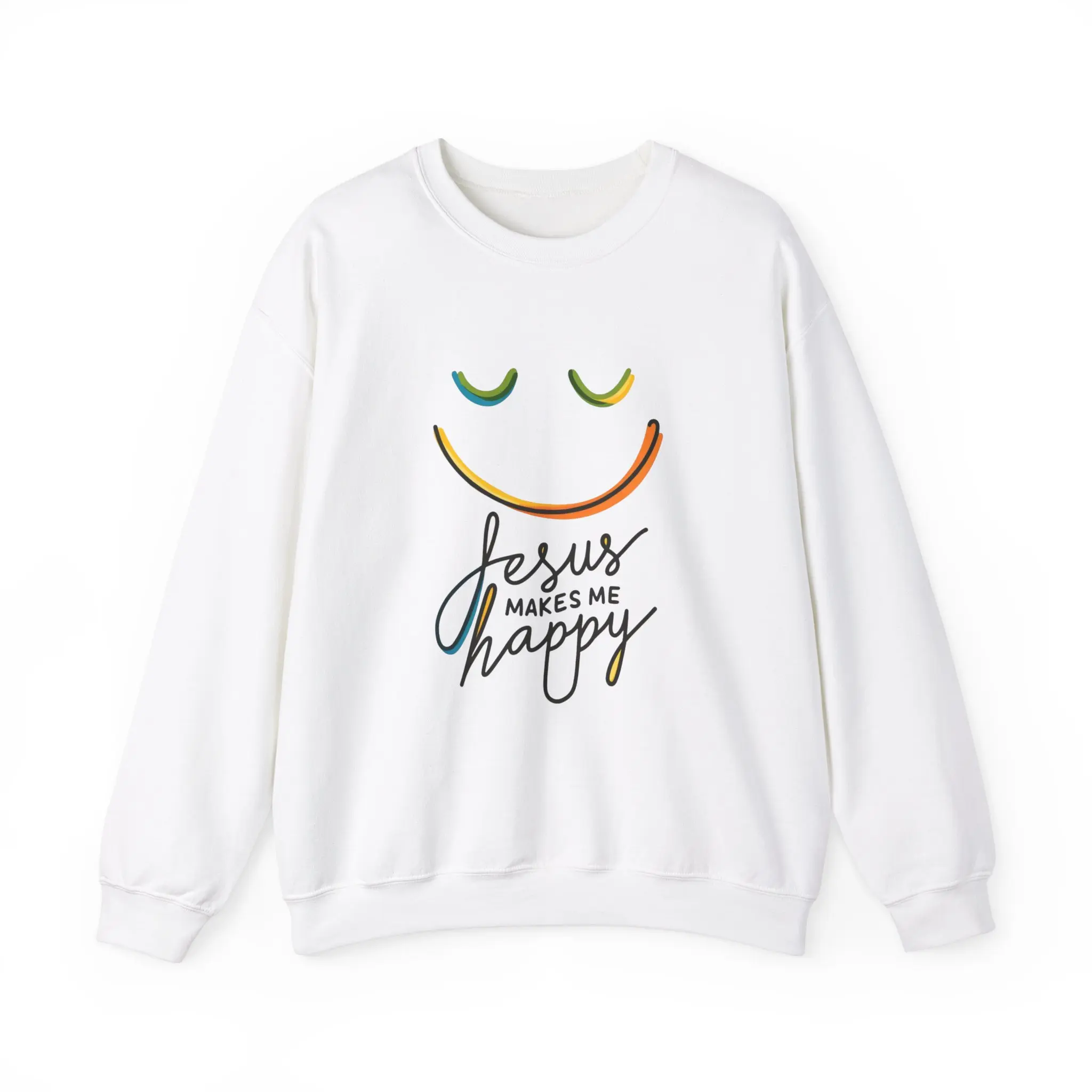 Jesus Makes Me Happy Sweatshirt – Faith-Inspired Smiley Face Pullover Womenswear Tops Comfortable Casual Graphic Crewneck Fabric