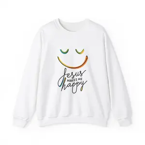 Jesus Makes Me Happy Sweatshirt – Faith-Inspired Smiley Face Pullover Womenswear Tops Comfortable Casual Graphic Crewneck Fabric