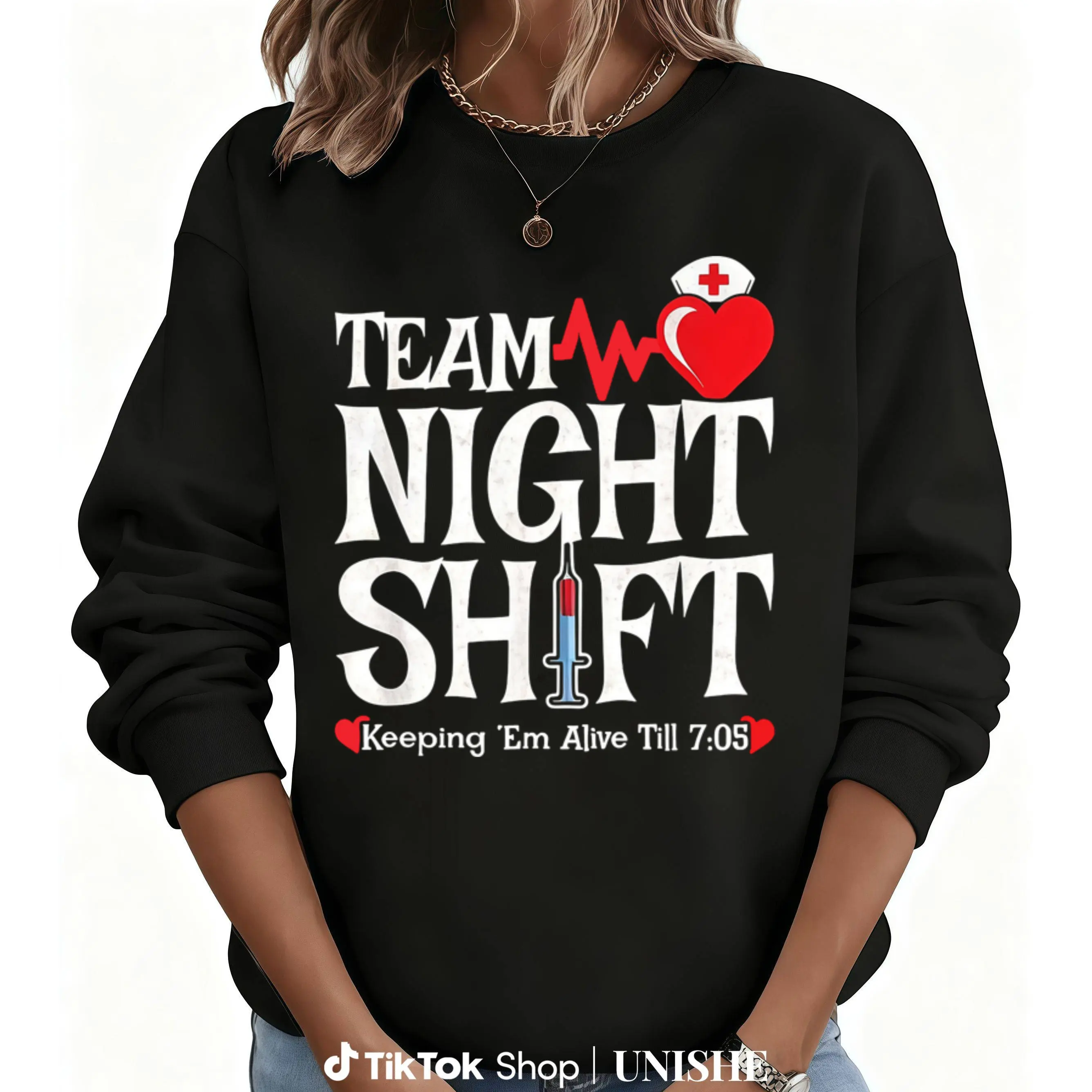 Long Sleeve Sweatshirt with 100% Nurse Appreciation – Night Shift Casual Hoodie Prints Women Womenswear Fabrics Straight