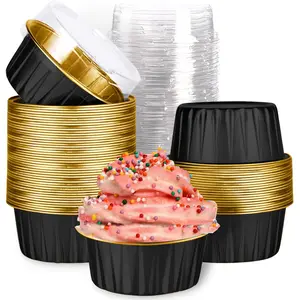 Mini Aluminum Foil Cupcake Baking Cups with Lids Round Cupcake Foil Liners Tart Pie Tin Pan Holder Disposable Mini Cake Containers Flan Molds for Pudding, Souffle, Party, Wedding