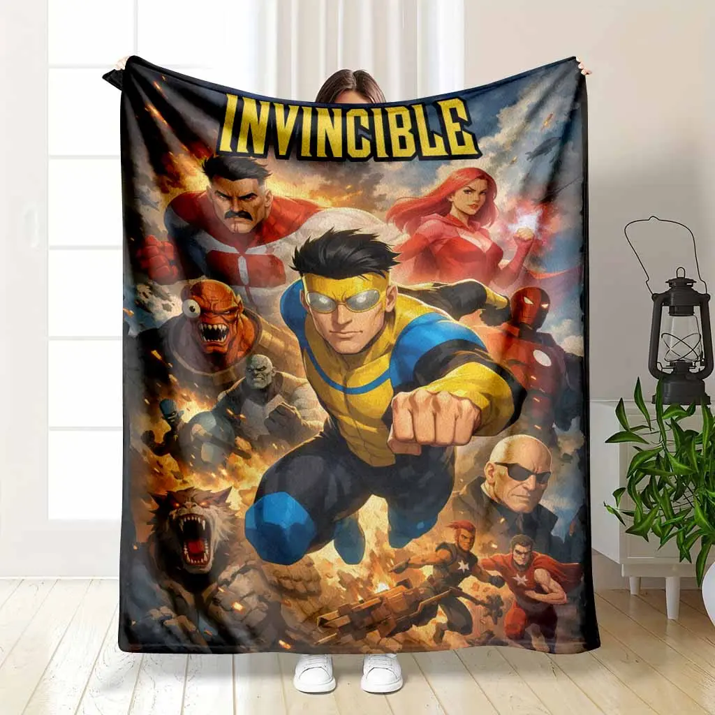 Invincible Inspired Superhero Action Art Flannel Blanket Vibrant Comic Illustration Pattern Soft Warm Durable Cozy Design Perfect for Bedroom Living Room Office Sofa Gifts Movie Nights Home Decor