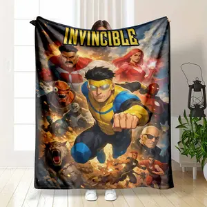 Invincible Inspired Superhero Action Art Flannel Blanket Vibrant Comic Illustration Pattern Soft Warm Durable Cozy Design Perfect for Bedroom Living Room Office Sofa Gifts Movie Nights Home Decor