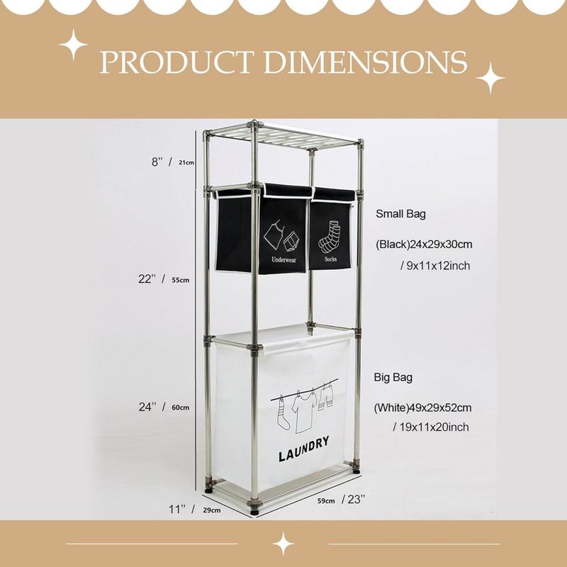 2-3 Tier Laundry Hamper with Removable Fabric Bins, Freestanding Laundry Sorter Organizer with Hooks, Foldable Sorting Basket for Bedroom, Bathroom & Dorm (3-Tier)