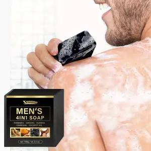 Men's 4-In-1 Bath Soap 100g, Contains Ginseng Turmeric Coconut Oil Bamboo Charcoal, Natural Ingredients Deep Cleaning, Long-Lasting Scent, Body Cleansing Products