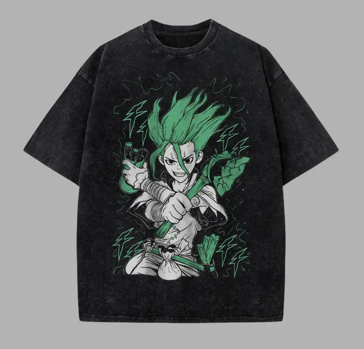 Senku Ishigami Shirt, Dr. Stone Senku Ishigami Anime Graphic Tee, Manga Science Fighter T-Shirt, Green Lightning Art Shirt, Japanese Anime Unisex Cotton Crewneck T-Shirt Menswear Womenswear Streetwear Top