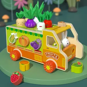 Edutree Wooden Rabbit Fruit & Veggie Cart: Montessori Sensory Toy for Toddlers 1-3, Fine Motor Skills Learning Toys for Boys Girls