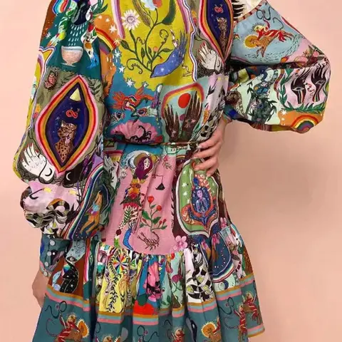 Women's Spring and Summer Short Skirt, Holiday Casual Retro Bohemian Boho Fashion Pattern Printed Tie-Strap, Long Sleeve Dress, Stylish and Comfortable, Boho Vintage Dresses