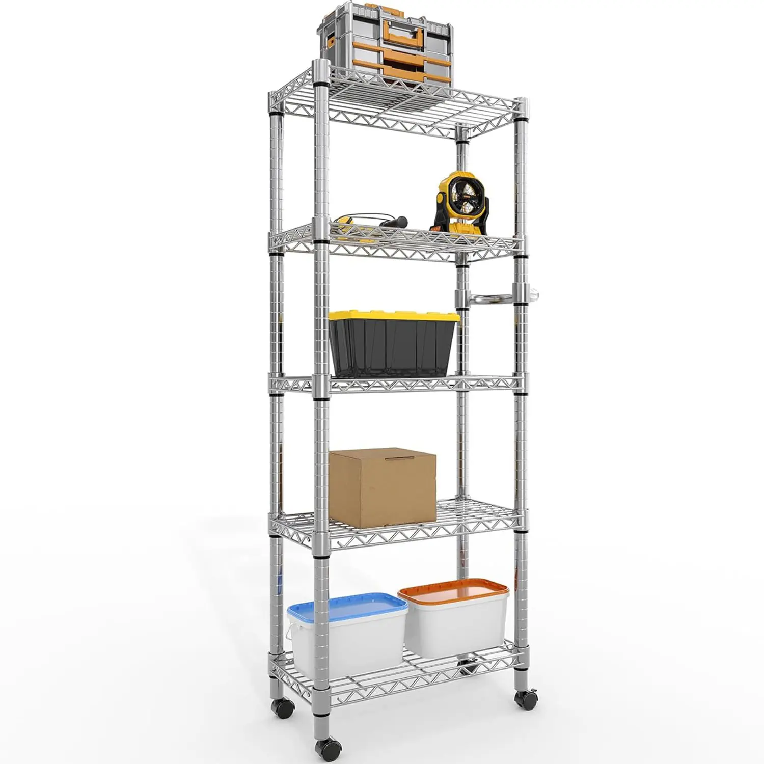 24" W Metal Storage Shelves with Wheels, 5-Tier Adjustable Wire Shelving Units 61"H with Side Handle, Heavy Duty Rolling Storage Shelving Rack for Kitchen Home Garage, Easy Assembly, Sliver(1100LBS)