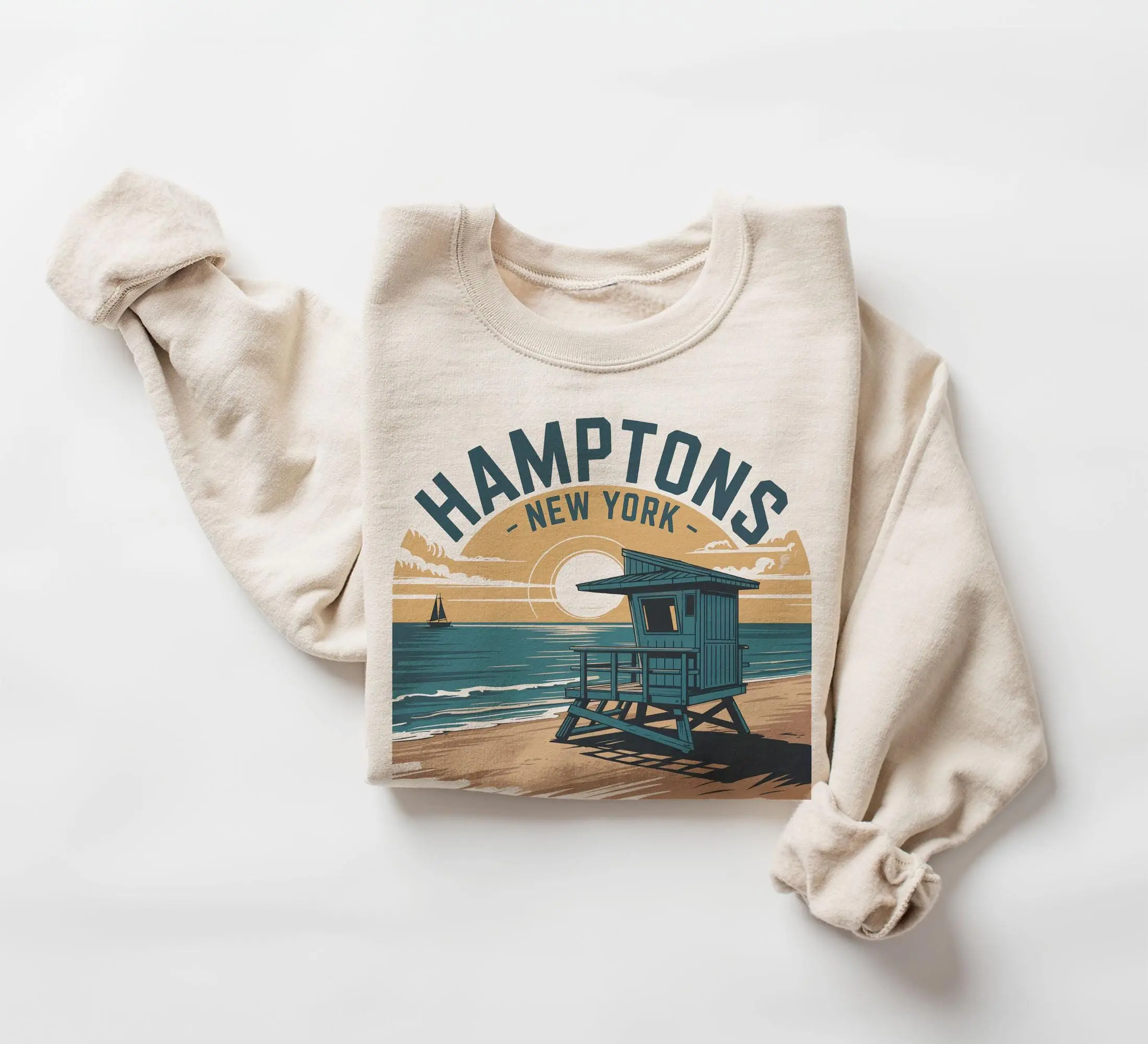 Retro Hamptons New York Summer Vacation Sweatshirt - 90s Vintage New York Beaches Travel Destination - Unisex Crewneck Sweatshirt