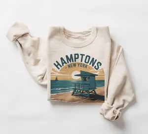 Retro Hamptons New York Summer Vacation Sweatshirt - 90s Vintage New York Beaches Travel Destination - Unisex Crewneck Sweatshirt