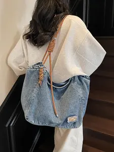 Lazy and relaxed retro personality slouchy tote bag, woven rope shoulder strap+drawstring design, large capacity bag, Casual Shopping Bag, simple and casual versatile shoulder bag, suitable for student party, school/office commuting