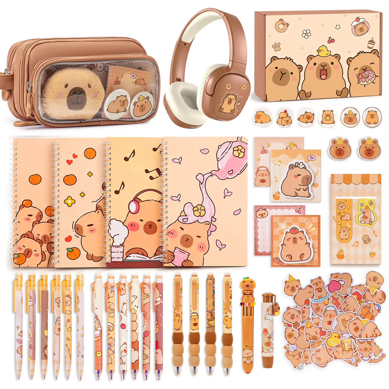 Similove Lightweight Adorable Capybara Stationery Set - Kawaii College School Supplies, Back to School Stuff with Pencil Case, Gel Pens, Mechanical Pencils, Stickers, Pins, Notebooks, Sticky Notes - Office Accessories, Teen Girl Gifts,back to school
