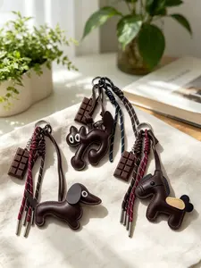 Cute Leather Animal Keychain, Dachshund Cat Horse Bag Charm, Chocolate Pendant, Braided Rope Key Ring, Casual All-Season Gift